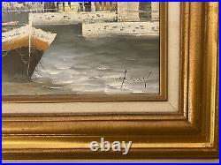 Vintage medium sized nautical sailboat themed landscape oil on canvas