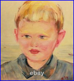 Vintage realist oil painting portrait of a child signed