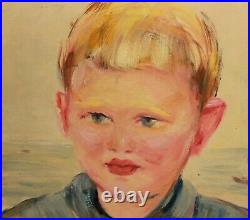 Vintage realist oil painting portrait of a child signed