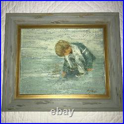 Vintage seascape child portrait hand painted original oil PAINTING by Aylaian