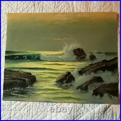 Vintage seascape coast hand painted original oil PAINTING rocky beach by Gosney