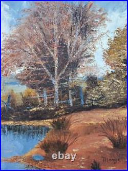 Vtg Framed Oil On Canvas Framed Country Farm Pond Trees Fenceline