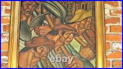 Vtg Latin American Cuban WPA Style Oil Painting Workers Signed C. Rodriguez 1939