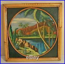 Vtg MCM Oil On Canvas Painting Impressionist Polynesian Tiki Bamboo Frame E Lamb