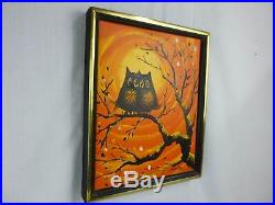 Vtg Mid Century Modern Signed Matson Owl Couple Sunset Oil Painting Kitschy