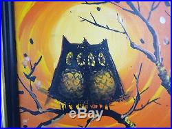 Vtg Mid Century Modern Signed Matson Owl Couple Sunset Oil Painting Kitschy