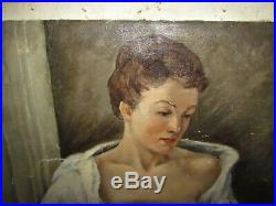 Vtg art deco oil painting on canvas partially nude woman in robe edwin sauter