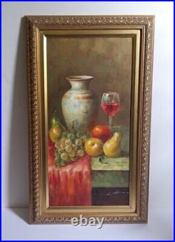 W. Adam Original Oil Painting Realism Fruits Pitcher & Wine Signed 29x 17