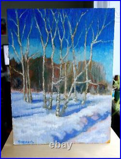 Winter Landscape Blue Sky Snow Original Oil Painting Canvas Board 12x16 YSArt