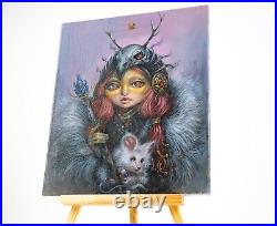 Witch Oil Painting Original White Mouse Portrait Collectible Art