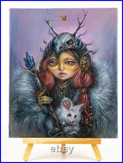 Witch Oil Painting Original White Mouse Portrait Collectible Art