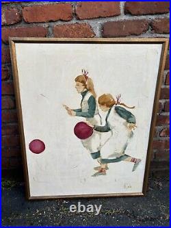 Wm Ray McCauley Vintage Twin Girls Playing WithBalls Signed Oil Painting Framed