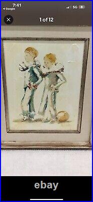 Wm Ray McCauley Vintage Twin Girls Playing WithBalls Signed Oil Painting Framed